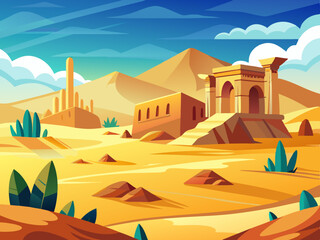 colorful illustration of a desert scene with ancient ruins