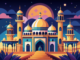 colorful illustration of a grand mosque night view