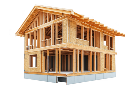 Framed Wooden House Structure Under Construction isolated on transparent background