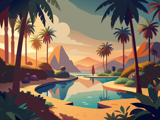 colorful illustration of a desert oasis with palm trees