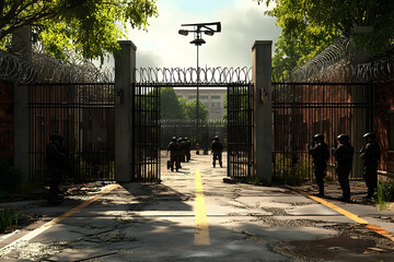 Abandoned prison complex guarded by armed personnel.