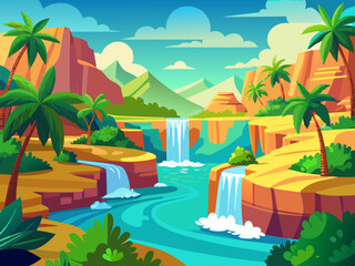 Obraz premium vibrant colorful illustration of a waterfall with valley rock cliff scenery