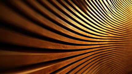 Naklejka premium Curved wooden slats create dynamic, textured surface. Light accentuates form