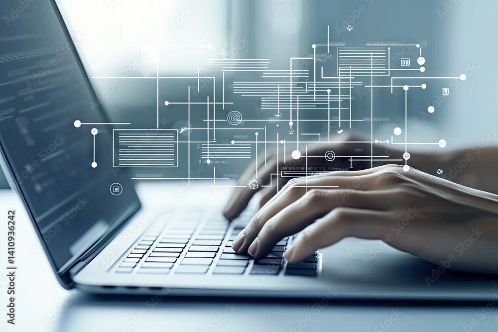 Aufkleber hands coding on laptop, digital data flows
