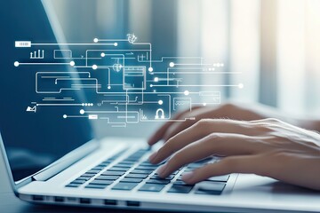 Hands typing on laptop, digital interface overlay