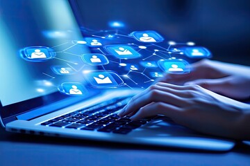 Networking, digital connections visualized above laptop keyboard