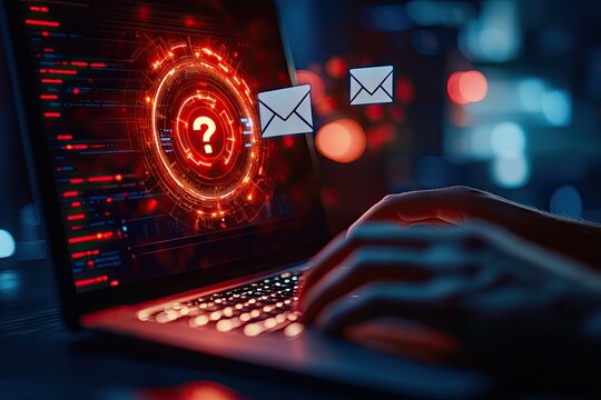 Suspicious emails detected on laptop screen; red question mark and email icons highlight potential phishing or malware threat