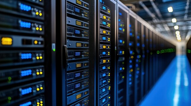 Data servers glow. Rows of hardware filling data center hall with blue floor
