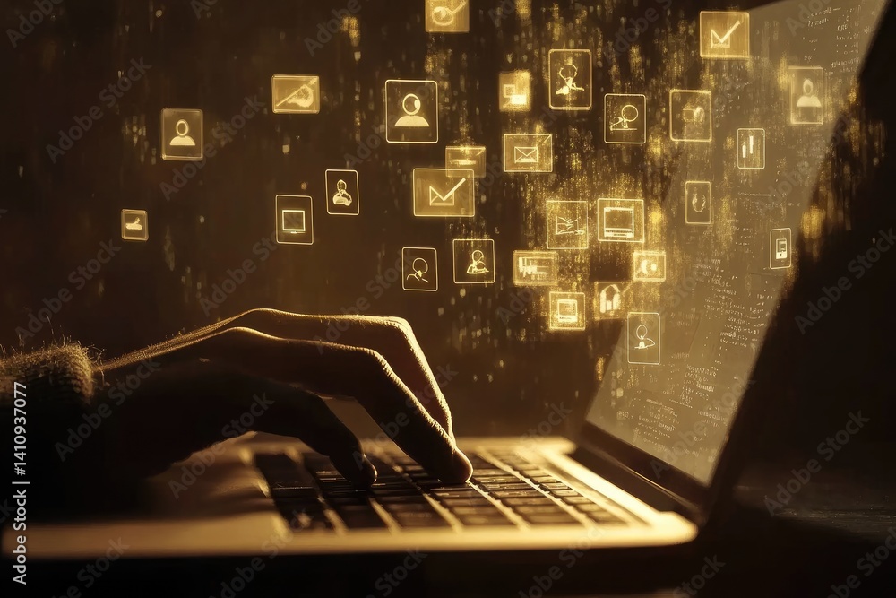 Poster data streams flow from laptop keyboard, illustrating digital interaction