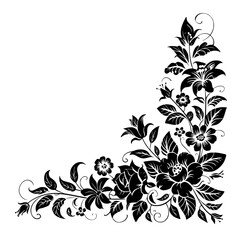 Elegant Floral Corner Design: Black & White, Decorative, Flourish