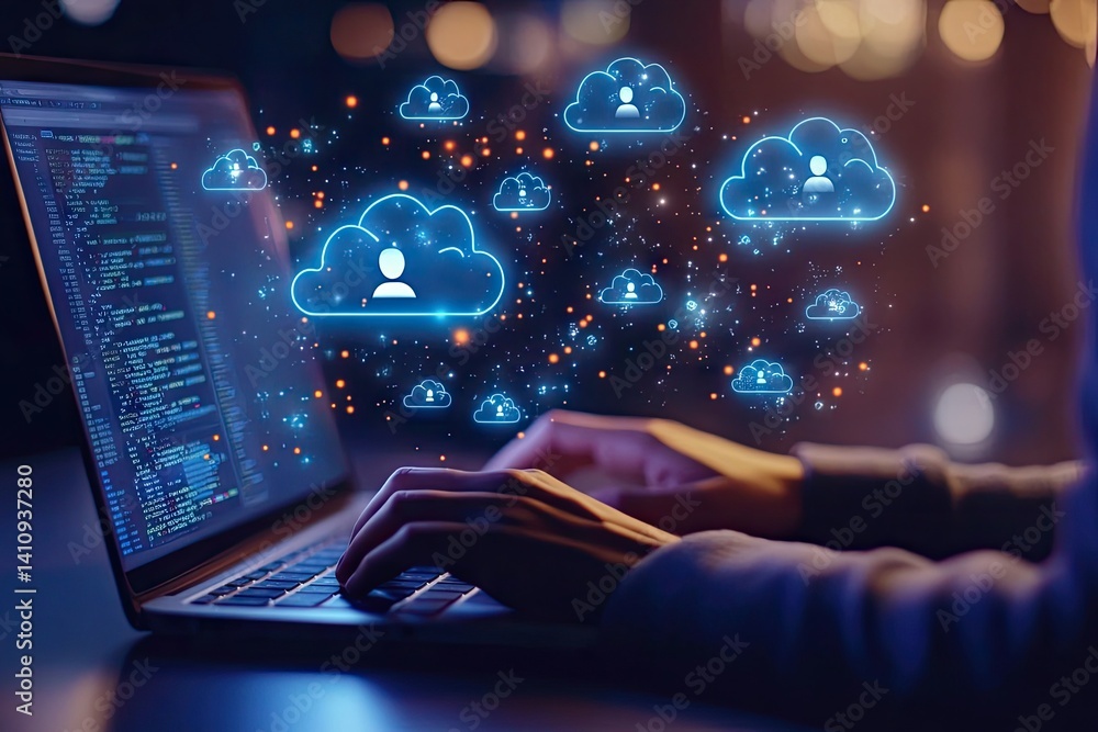 Poster cloud computing concept shown on laptop screen with user interacting