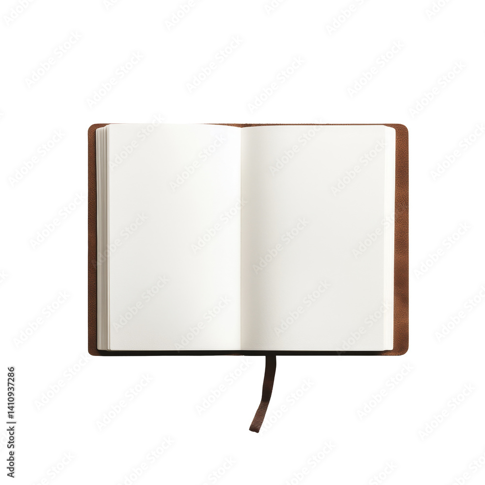 Poster vintage open notebook displaying blank pages with a brown cover for creative writing or sketching