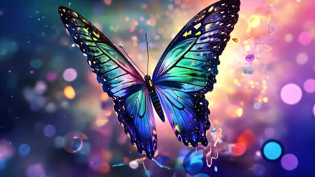 Vibrant butterfly with iridescent wings amidst a colorful, dreamy background of blurred lights