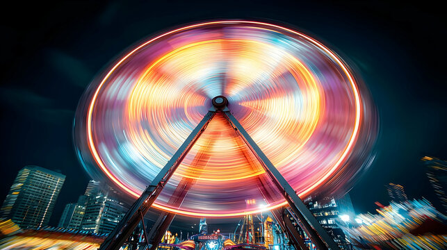 Fast Ferris Wheel At Night In City