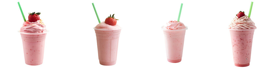 Strawberry Milkshake or Smoothie with Creamy Texture and Green Straw – Refreshing Summer Drink – Isolated on Transparent Background