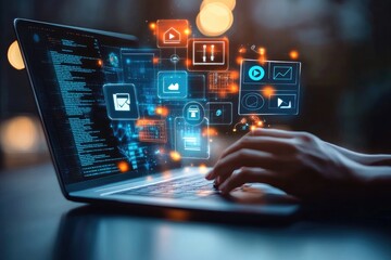 Digital interface displayed on laptop, showcasing data, media, and communication tools