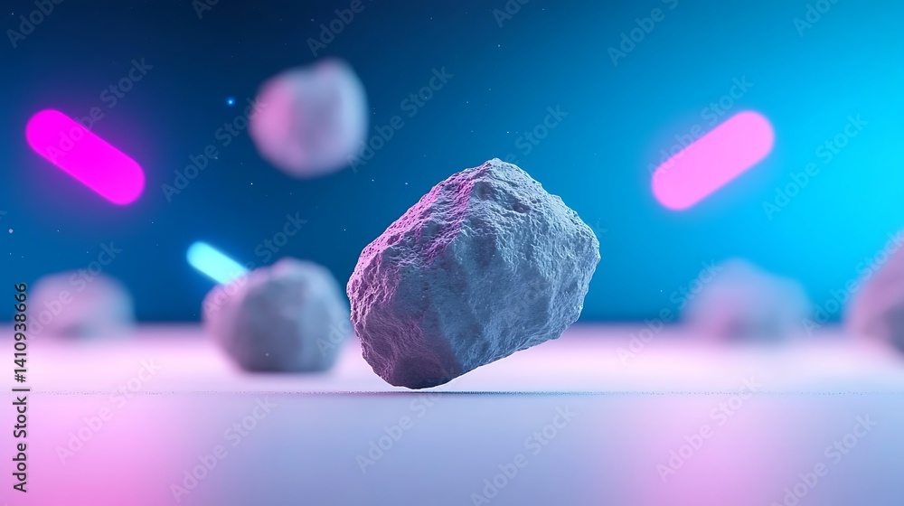 Aufkleber two asteroids collide in outer space: 3d render of neon lit rocks