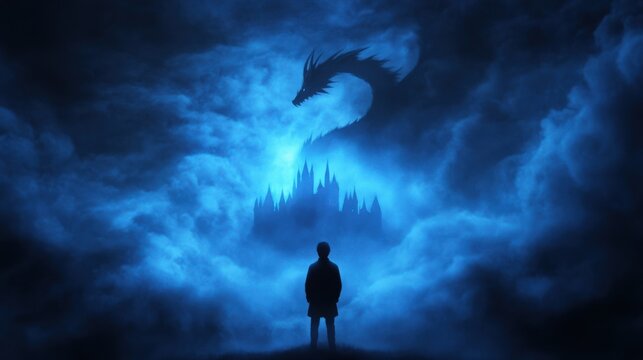 Person facing castle with dragon silhouette