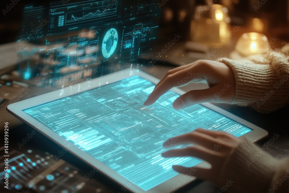 Poster person interacts with a tablet displaying futuristic data visualizations