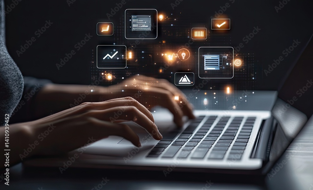 Poster hands typing on laptop, digital icons floating above, illustrating technological innovation and digi