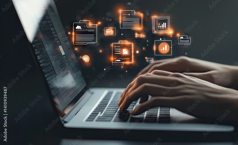 Poster data management, visualized as glowing icons emerging from a laptop during use