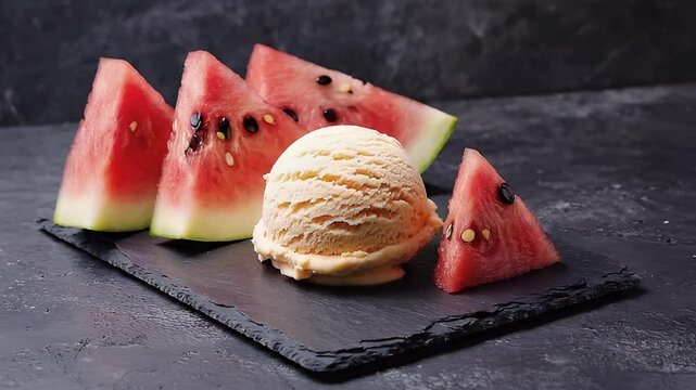 Watermelon slices and a scoop of ice cream.