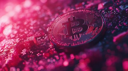 Digital coin on tech circuit, bright pink light, shallow depth of field