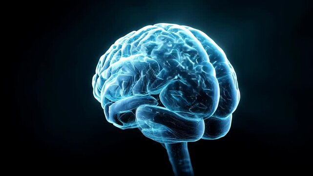 Futuristic digital hologram of human brain in blue light on dark background, 3D neural scan for AI, neuroscience, technology or medical visualization

