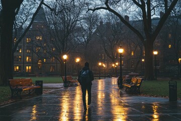 Rainy night walk through a dimly lit park path, past old buildings and benches