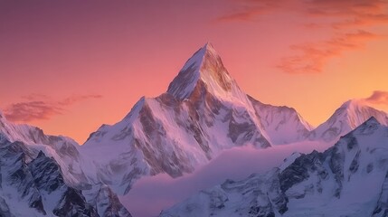 Stunning Sunrise over Snow-Covered Himalayas with Ama Dablam Peak, Pink Sky and Golden Hour Lighting in Sharp Cinematic Composition
