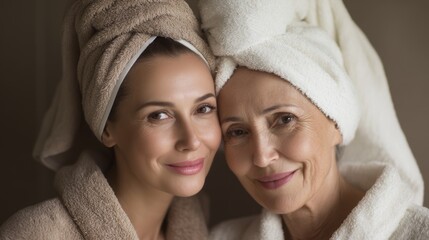 Two women smiling with towels wrapped around their heads, spa day together.