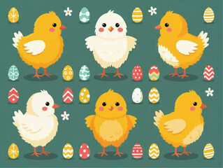 Naklejka premium Cute Chicks and Easter Eggs Illustration Set