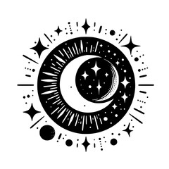 Celestial Moon and Stars Emblem in Black and White