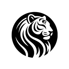 Bold Tiger Silhouette Logo in Circle, Black & White, Graphic Design