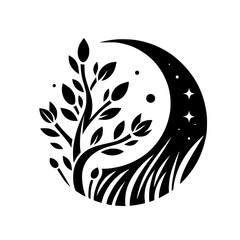 Crescent Moon, Tree & Stars: Minimalist Black and White Logo Design