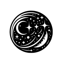Obraz premium Celestial Circle, Black & White Moon, Stars, and Cosmic Design.