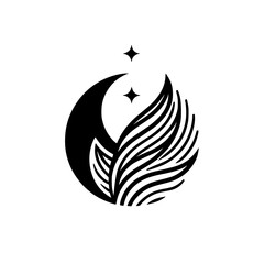 Minimalist Crescent Moon and Wing Design with Stars