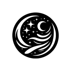 Celestial Black & White Circle: Moon & Stars Illustration