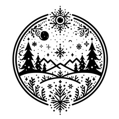Minimalist Winter Wonderland Emblem: Black & White Snowy Landscape