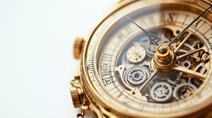 Elaborate, gold watch showing intricate inner workings and classic face design