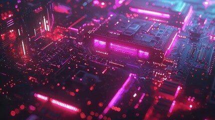 Obraz premium Electronic circuit board glows pink and cyan with intricate components