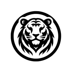 Bold Tiger Head Emblem in Circle, Black & White Graphic, Minimalist Design