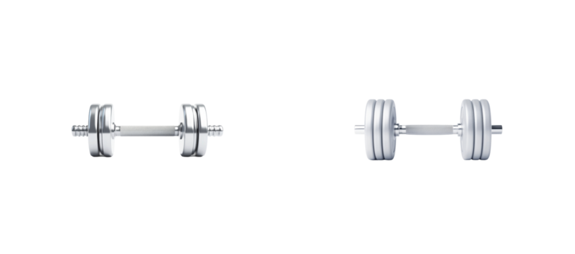 Two chrome dumbbells with adjustable weights for strength training and fitness exercises