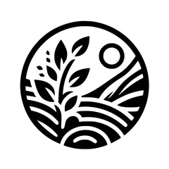 Minimalist Nature Icon: Black & White Landscape in Circle