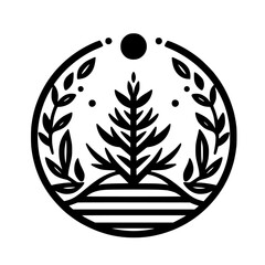Minimalist Nature Icon: Tree, Branches, Circle, Black and White Design