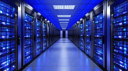 Fototapeta premium High-tech data center with rows of blue-lit server cabinets, illustrating advanced cloud computing infrastructure, big data services, and modern digital technology environment
