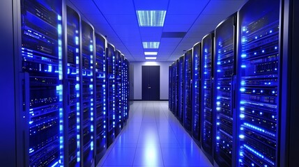 High-tech data center with rows of blue-lit server cabinets, illustrating advanced cloud computing infrastructure, big data services, and modern digital technology environment