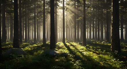 Obraz premium Sun Rays Shining Through Forest Trees with Green Ground Cover