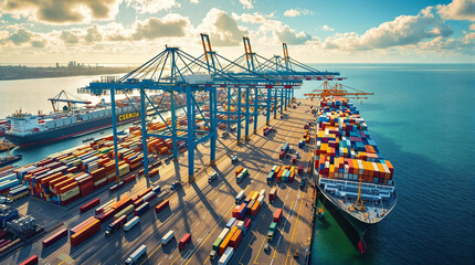 Aerial view of a bustling maritime logistics terminal sea port, drone view.