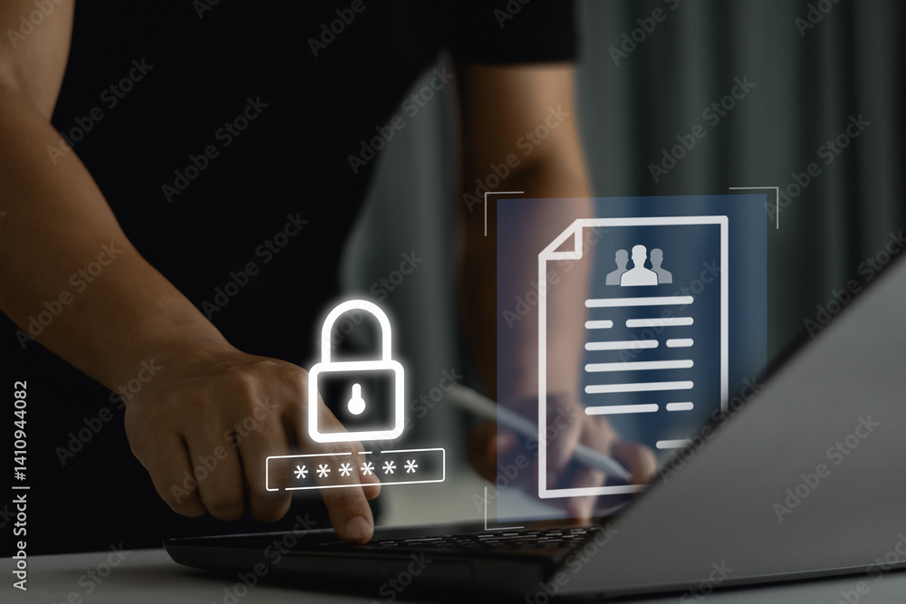Leinwandbilder cyber security protect login password and secure internet access. businessman using laptop internet 
